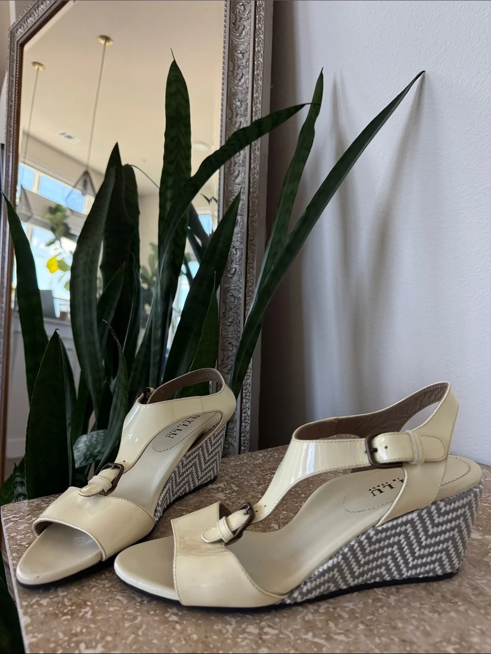 Anyi Lu Cream Patent Leather Buckle Slingback Heels Made in Italy
